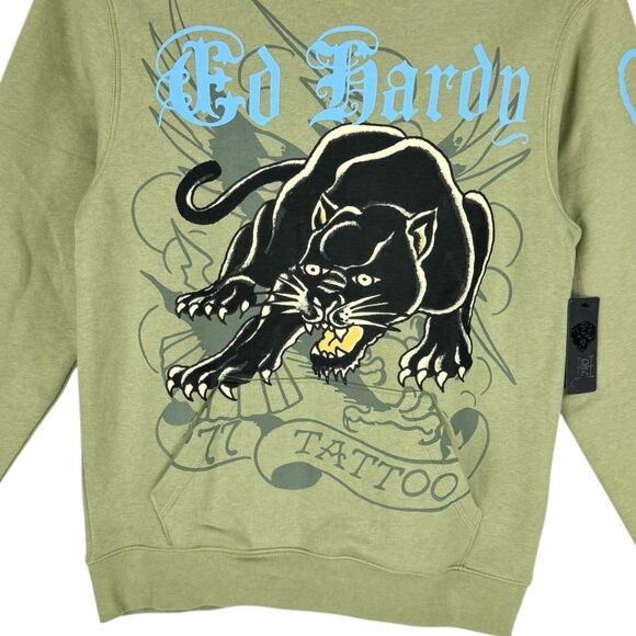 Ed Hardy Men's Olive Green Panther Tattoo Hoodie Sweatshirt Size Small NWT - Picture 4 of 12